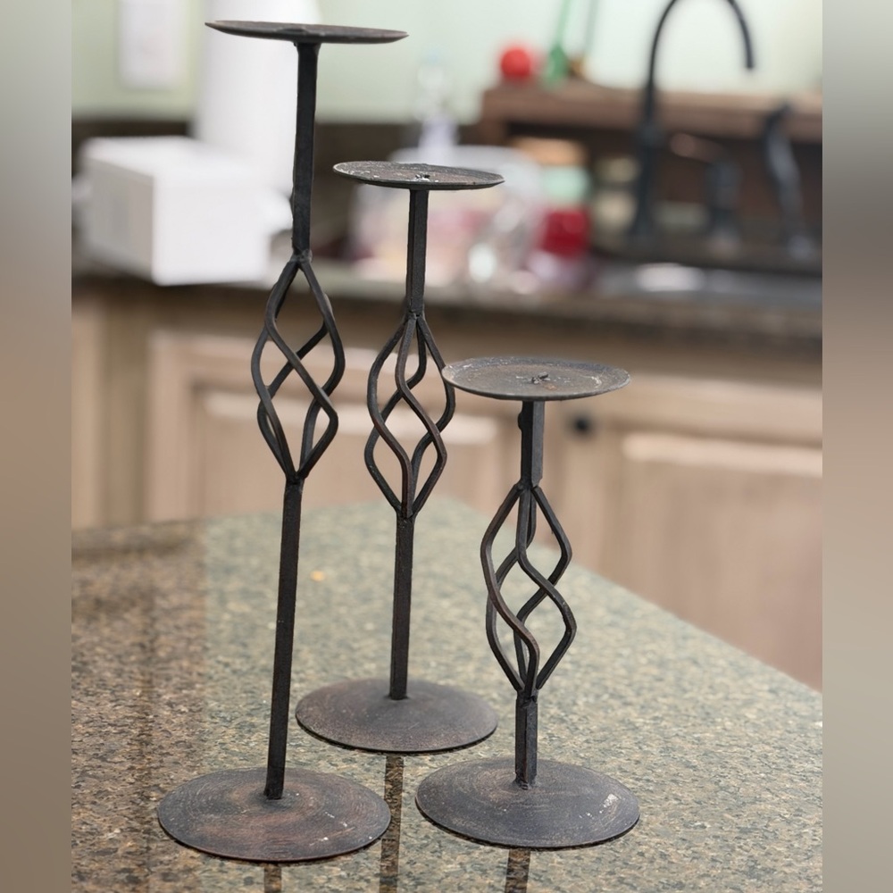 3 Vintage Hand Forged Candlesticks Set. Black Basket Weave w/Patina 14” 11” 8.5” - Picture 2 of 15